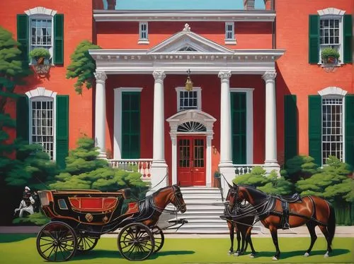 Colonial America, 18th century, wooden mansion, Georgian style, symmetrical facade, brick red walls, white pillars, triangular pediment, multi-paned windows, shutters, ornate door, brass doorknobs, lu