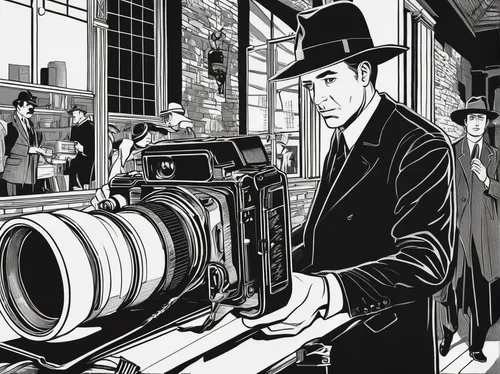 camera illustration,cinematographer,camerist,camera drawing,spy camera,camera photographer,inspector,movie camera,filmmaker,theodolite,photographers,holmes,game illustration,photographer,camera operator,videographer,filming equipment,book illustration,cameraman,sherlock holmes,Illustration,Black and White,Black and White 19