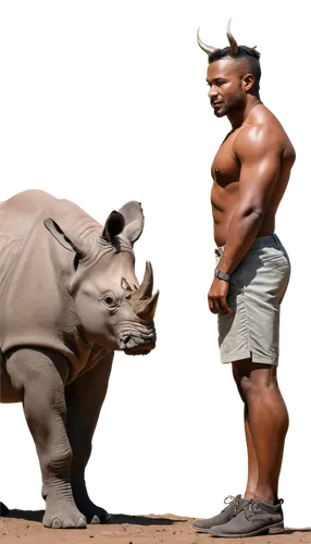 Rhinoceros, African savanna, adult male, grey skin, two horns, muscular body, standing, powerful legs, rugged terrain, warm sunlight, cinematic lighting, shallow depth of field, 3/4 composition.,rhino