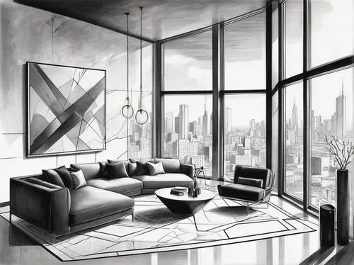 apartment lounge,penthouses,livingroom,living room,sky apartment,an apartment,modern living room,apartment,sitting room,art deco,minotti,interior modern design,loft,art deco background,appartement,modern room,interior design,contemporary decor,city scape,cityview,Illustration,Black and White,Black and White 30