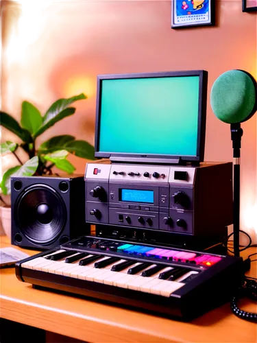 audio equipment, microphone, headphones, music stand, mixing console, sound waves, vinyl records, CDs, cassette tapes, retro aesthetic, warm lighting, cozy atmosphere, 3/4 composition, shallow depth o