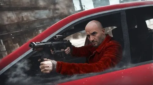 Red jacket,  realistic, cloth material, realistic, grunge leather,,a man with a gun on his shoulder is in the open window,stepanyan,popovkin,cesaro,baldacci,mordenkainen,eggman