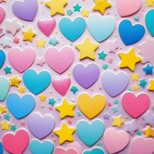 Cute, cartoon-style, colorful stickers, various shapes (hearts, stars, animals), glossy finish, 3D-like appearance, bright and playful colors, pastel pink, blue, yellow, white backgrounds, simple text