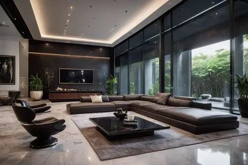 Modern luxurious villa, architectural digest, home design show 2015, large glass windows, sliding doors, minimalist interior, sleek lines, high ceiling, marble floor, wooden accents, comfortable sofa,