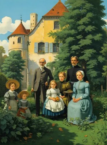 1900: Happy family in the parish garden in front of an old Renaissance castle. The scene is quiet and peaceful, a light breeze rustles the leaves of the nearby trees.,agricultural scene,village scene,