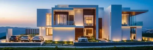 modern architecture, classy and luxury, hill top, contemporary  ,a two story house in the evening at dusk,modern house,dunes house,holiday villa,modern architecture,cubic house,cube stilt houses,Photo