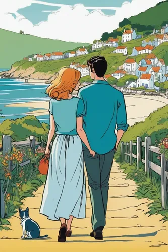 promenade,seaside country,swanage,beach walk,dorset,seaside,cornwall,sussex,by the sea,stroll,robin hood's bay,idyllic,vintage illustration,the road to the sea,love island,travel poster,seaside view,boardwalk,sea beach-marigold,honeymoon,Illustration,Vector,Vector 11