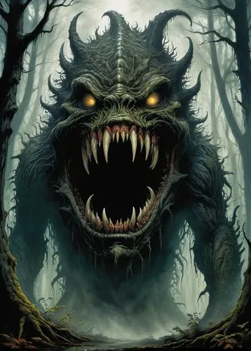 The appearance of a large monster, strange in shape, with scary teeth, the surroundings are covered in darkness, there is fog, and the mouth is wide open.,jayasimha,bunyip,tsathoggua,barghuti,barghest