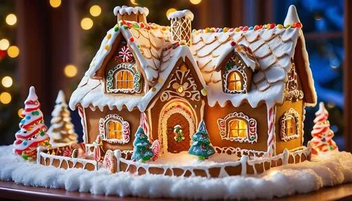 Whimsical gingerbread house, fairy-tale architecture, ornate icing details, colorful candy decorations, snowy roof, intricate stonework, grand entrance, festive holiday atmosphere, warm golden lightin