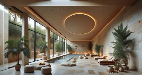 The interior of the spa is designed in the style of Alvaro Siza, with tall columns and a large swimming pool surrounded by limestone walls. There is a forest outside the window. The rock wall behind i