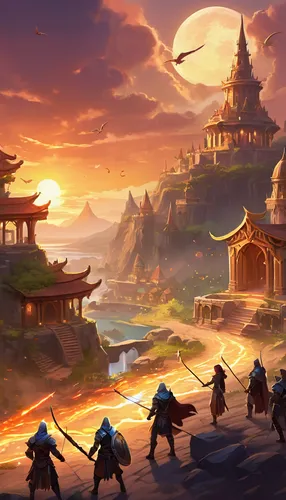 fantasy landscape,chinese background,dusk background,game illustration,yi sun sin,background with stones,ancient city,landscape background,tigers nest,world digital painting,hwachae,fantasy picture,hall of supreme harmony,oriental painting,cg artwork,oriental,forbidden palace,background images,wuchang,chinese temple,Illustration,Realistic Fantasy,Realistic Fantasy 01