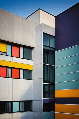 mondrian,colorful facade,bauhaus,corbu,corbusier,color blocks,savoye,mondriaan,couleurs,gemeentemuseum,three primary colors,saturated colors,macba,neutra,modern architecture,gwathmey,epfl,color wall,sottsass,chancellery,Illustration,Retro,Retro 22