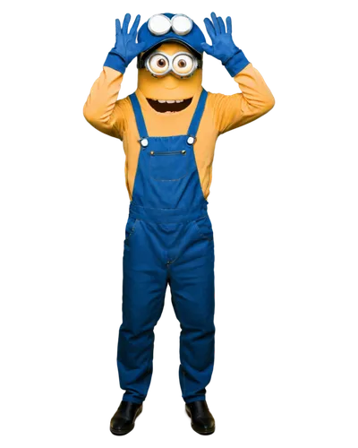 Minion, yellow skin, one eye, blue overalls, gloves, funny expression, standing, leaning forward, casual posture, soft lighting, warm color tone, cinematic composition, shallow depth of field, blurred