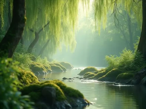 green trees with water,nature wallpaper,green landscape,green forest,moss landscape,river landscape,verdant,green waterfall,weeping willow,nature background,green wallpaper,green water,nature landscape,fairytale forest,greenness,forest landscape,background view nature,flowing creek,natural scenery,landscape nature,Photography,General,Realistic