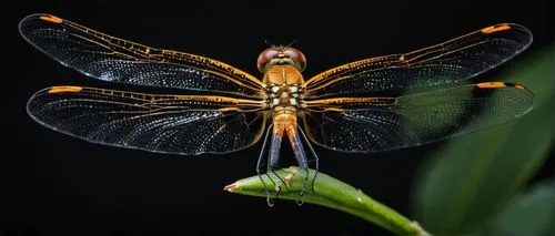 dragonfly flying, view front, flying, orange, dark background, face to face ,spring dragonfly,aix galericulata,membrane-winged insect,dragonfly,damselfly,glass wing butterfly,dragonflies and damseflie