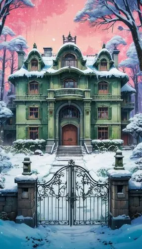 winter house,mansion,snow house,kamuy,mansions,orphanage,sanatorium,ghost castle,dreamhouse,witch's house,castlevania,syberia,snowhotel,apartment house,winterplace,maplecroft,the haunted house,doll's house,witch house,sanitarium,Illustration,Japanese style,Japanese Style 03