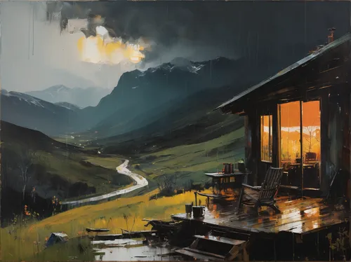 mountain hut,mountain huts,evening atmosphere,night scene,grindelwald,home landscape,house in mountains,alpine restaurant,alpine hut,rural landscape,the cabin in the mountains,alpine pastures,house in the mountains,summer evening,the evening light,zermatt,fiescheralp,painting technique,oberlo,in the evening,Conceptual Art,Oil color,Oil Color 01