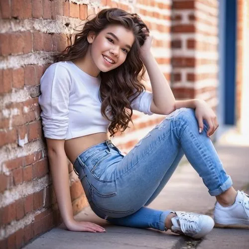 relaxed young girl,jeans background,beautiful young woman,girl sitting,portrait photography,a girl's smile,female model,portrait photographers,young woman,girl in overalls,pretty young woman,portrait background,girl portrait,girl in t-shirt,jeans,social,denim,teen,brick background,smiling,Art,Classical Oil Painting,Classical Oil Painting 35