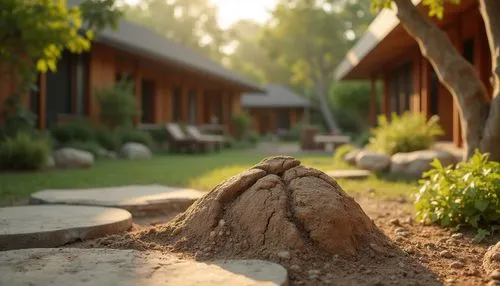 zen garden,3d rendering,mound of dirt,3d render,3d rendered,render,tree stump,japanese zen garden,stone lamp,clay house,rendered,japanese garden ornament,hardscape,xeriscaping,landscaping,viminacium,mud village,tilt shift,massage stones,clay soil,Photography,General,Realistic