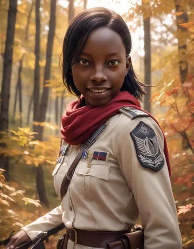 The woman with a friendly smile gazes longingly into the lush forest that surrounds her. Her sweet autumn spirit is illuminated as she captures the moment with a camera, a golden hour lighting, close-