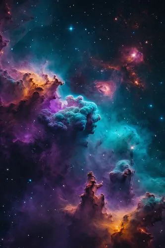 space, mistery, huge Nebula in the Deep Dark Space, vibrant colors, galaxies, high contrast, vivid colors, wallpaper, masterpiece, 4k, purple, yellow, orange, teal, glow, bright,an image of the outerm