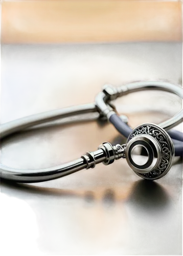 Heartbeat sound effects, stethoscope, medical equipment, silver metal, intricate details, soft lighting, shallow depth of field, warm color tone, cinematic composition, 3/4 view, solo object, realisti