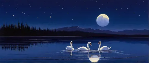 Write a poem capturing the elegance and grace of a swan family as they dance on the surface of a moonlit lake.,constellation swan,trumpeter swans,swan lake,swans,canadian swans,tundra swan,swan on the