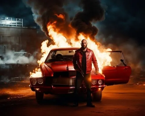 Red paint,  realistic, wet paint, 2022 GT500 Mustang, Bullet Holes, on fire,,the man standing beside his red mustang in front of flames,extinguisher,burnout fire,eminem,fire extinguisher,pyromania,pyr