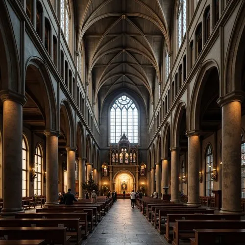 Grandiose cathedral, intricate stone carvings, ribbed vaulted ceilings, stained glass windows, ornate pinnacles, flying buttresses, pointed arches, slender columns, gilded accents, mysterious ambiance