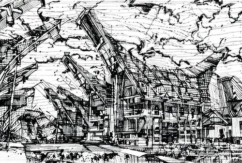 destroyed city,crane houses,post-apocalyptic landscape,building rubble,underconstruction,townscape,pencils,urban landscape,industrial landscape,constructions,urbanization,urban development,demolition,city scape,demolition work,kirrarchitecture,apocalyptic,rubble,hashima,pen drawing,Design Sketch,Design Sketch,Hand-drawn Line Art