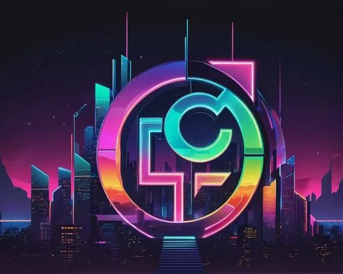 Modern logo, futuristic architecture, sleek lines, metallic materials, reflective surfaces, geometric shapes, vibrant neon lights, cityscape background, dusk or night time, low-angle shot, dramatic sh