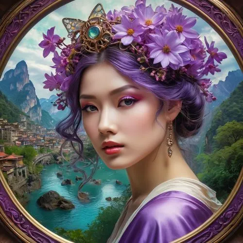 fantasy portrait,oriental princess,oriental painting,fantasy art,fantasy picture,romantic portrait,mystical portrait of a girl,oriental girl,faery,la violetta,faerie,purple rose,violette,fairie,purple landscape,yunwen,inner mongolian beauty,xueying,oriental,lilac blossom,Photography,General,Fantasy