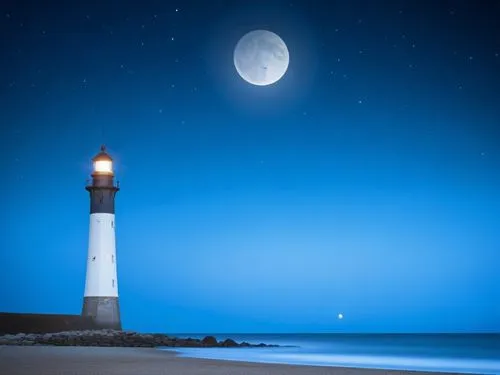 lune sur plage sombre avec un phare,a lighthouse on the ocean with the moon in the sky,electric lighthouse,light house,lighthouse,lighthouses,faro,petit minou lighthouse