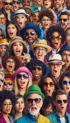 Diverse crowd, random faces, different ages, genders, races, happy expressions, surprised faces, angry emotions, sad eyes, various hairstyles, colorful clothing, casual wear, business attire, sunglass