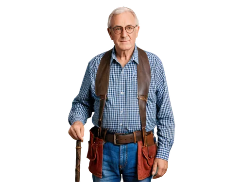 Old man, senior citizen, solo, (70yo), wrinkles, white hair, bushy eyebrows, glasses, casual wear, checkered shirt, dark jeans, leather belt, walking stick, standing, natural, soft focus, warm lightin