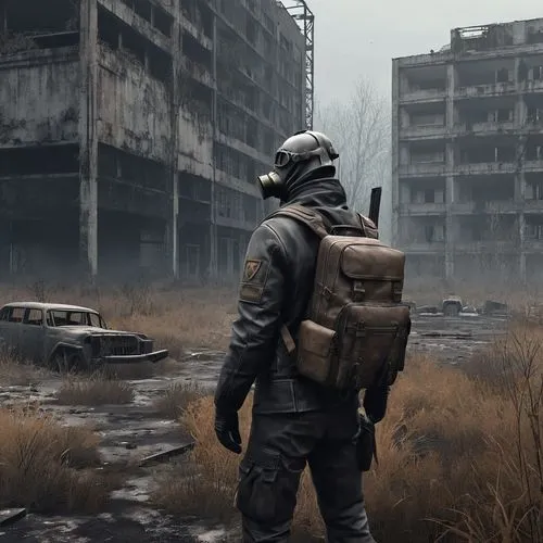 (Digital paintpost-apocalyptic environment, Chernobyl Exclusion Zone, abandoned buildings, overgrown vegetation, rusted vehicles, solo stalker, gas mask, leather jacket, tactical backpack, armed with 