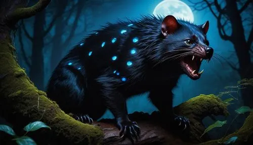 Bioluminescent Tasmanian devil, nocturnal, glowing blue spots on its back, fluffy fur, sharp teeth, horns, evil eyes, claws, demonic wings, dark misty atmosphere, eerie forest, twisted vines, glowing 