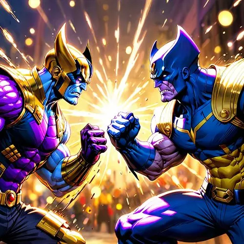 gold and purple,clash,xmen,alliance,purple and gold,x-men,duel,thanos,thanos infinity war,sparring,fight,confrontation,lucha libre,battle,comic characters,versus,wolverine,pow,wall,x men,Anime,Anime,Cartoon