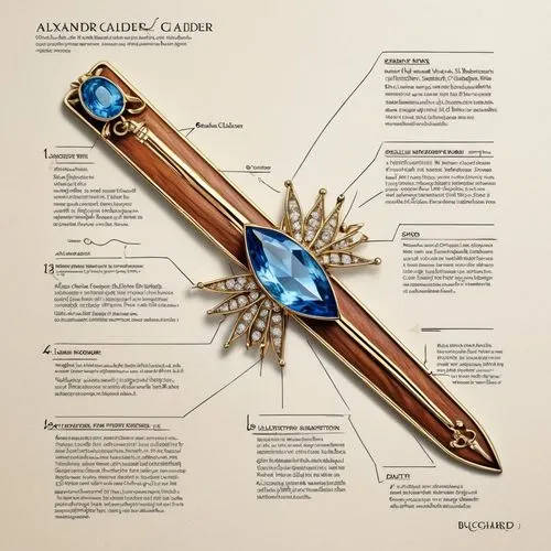 In a bright, sunlit room, a star-like hairpin shaped like a dagger sits on a desk.,the gold, blue and brown knife is on display,the order of cistercians,medieval weapon,mezuzah,gloriana,scabbard,bookm