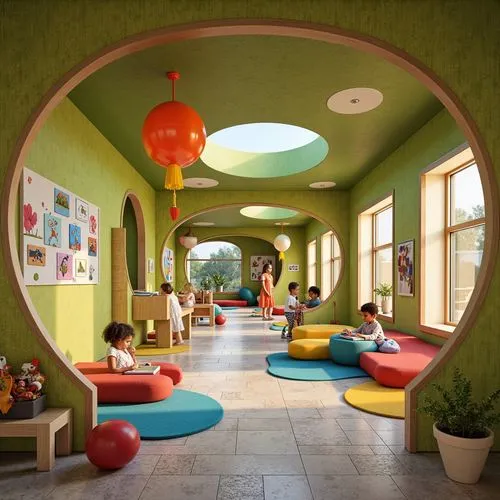 Whimsical kindergarten, curved blob-like structures, playful rounded edges, vibrant color palette, natural wood accents, soft greenery walls, organic shape-inspired furniture, wavy lines, irregular fo