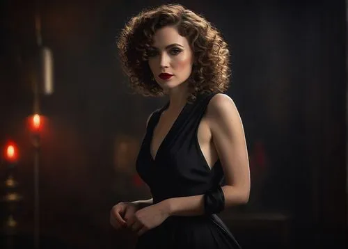 vesper,art deco woman,elegant,black dress with a slit,femme fatale,in a black dress,black dress,laurel,sheath dress,british actress,elegance,evening dress,catarina,a charming woman,rosa curly,ara macao,portrait background,actress,romantic portrait,art deco background,Illustration,Abstract Fantasy,Abstract Fantasy 15