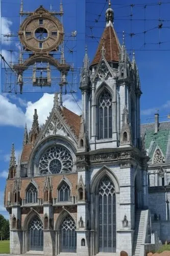 an ornate church with the clock tower visible in the reflection,haunted cathedral,gothic church,cathedral,photogrammetry,photogrammetric,churches,Photography,General,Realistic