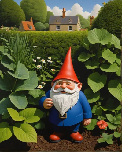 Fredy is a mischievous gnome causing chaos in a peaceful garden.,garden gnome,gnome,gnomes,scandia gnome,scandia gnomes,giant rhubarb,gardener,gnomes at table,vegetables landscape,valentine gnome,gnom