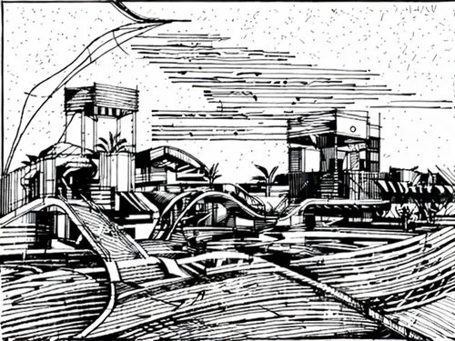 engraving,industrial landscape,maya city,grain plant,concrete plant,sawmill,steel mill,khartoum,bahrain,camera illustration,mombasa,dust plant,salt mill,network mill,refinery,artificial island,industr