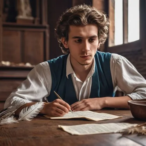 A young poet sitting the table, writing poem, eating feather, looking at side,enjolras,vronsky,northanger,rylance,branwell,leonardo devinci,odriozola,brandybuck,lanford,benvolio,whishaw,benedick,caste