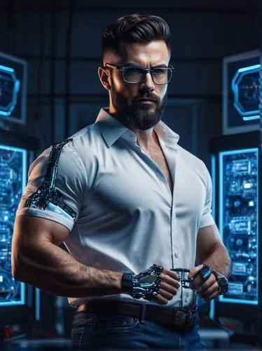 Muscular man, AI engineer, 35yo, stylish short hair, black framed glasses, trimmed beard, white shirt, dark blue jeans, leather belt, silver watch, standing, confident pose, futuristic laboratory back