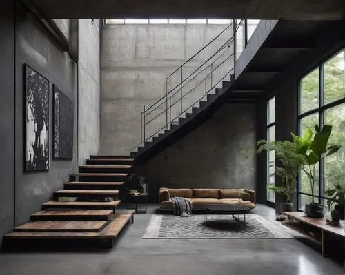 exposed concrete,stairs,outside staircase,staircase,loft,steel stairs,interior modern design,stair,stairwell,neutra,staircases,contemporary decor,modern decor,stairways,stone stairs,wooden stairs,minotti,modern style,concrete ceiling,interior design,Illustration,Black and White,Black and White 24