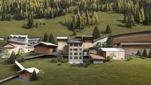 modern building made of wood and concrete, austrian alps, mountain, sloped grass terrain, historic surrounding buildings, trees, cobblestone roads, grass, wood, concrete, plaster,,eco hotel,escher vil