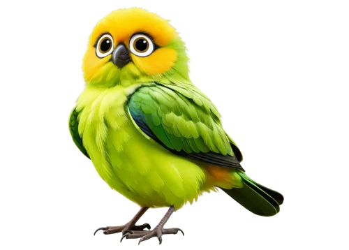 Cartoon bird, simple lines, flat design, colorful feathers, small beak, big round eyes, fluffy wings, perched, solo, sitting, bright green background, 3/4 composition, soft lighting, PNG transparent b