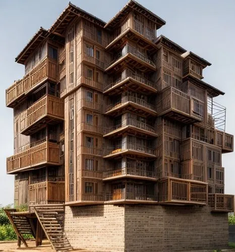 residintal ,wooden facade,wooden construction,stilt house,timber house,cube stilt houses,stilt houses,chinese architecture,residential tower,wood structure,cubic house,animal tower,kirrarchitecture,mu